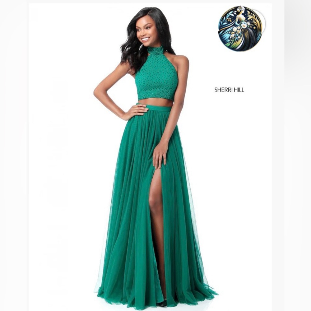 Sherri Hill Emerald Green Two-Piece Halter Prom Gown